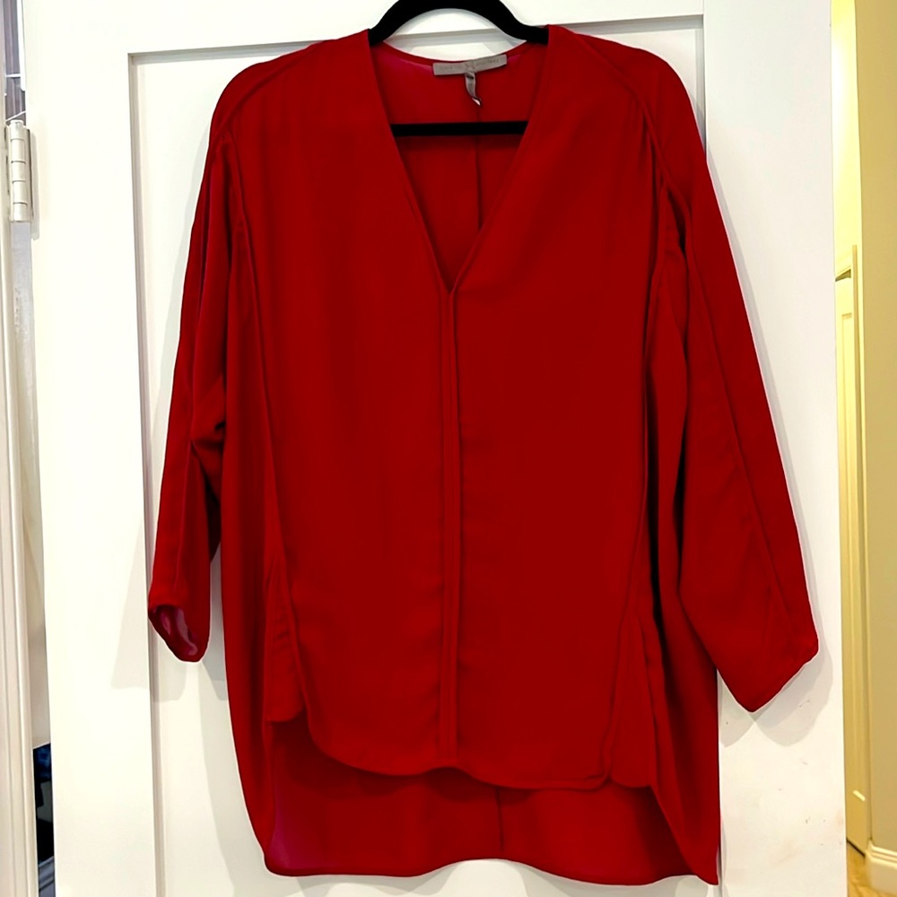 V neck red silky tunic